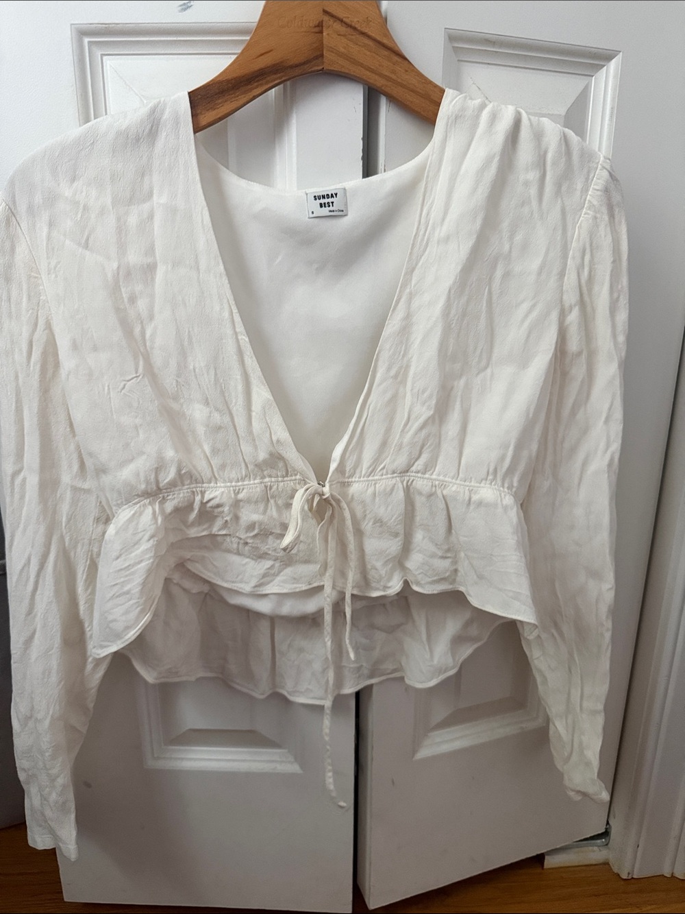 Aritzia Cream Tie-Front Ruffle Peplum Blouse